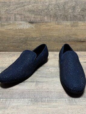 Moretti Black Label Navy Blue Rhinestone Embellished Loafers Men's Size 9
